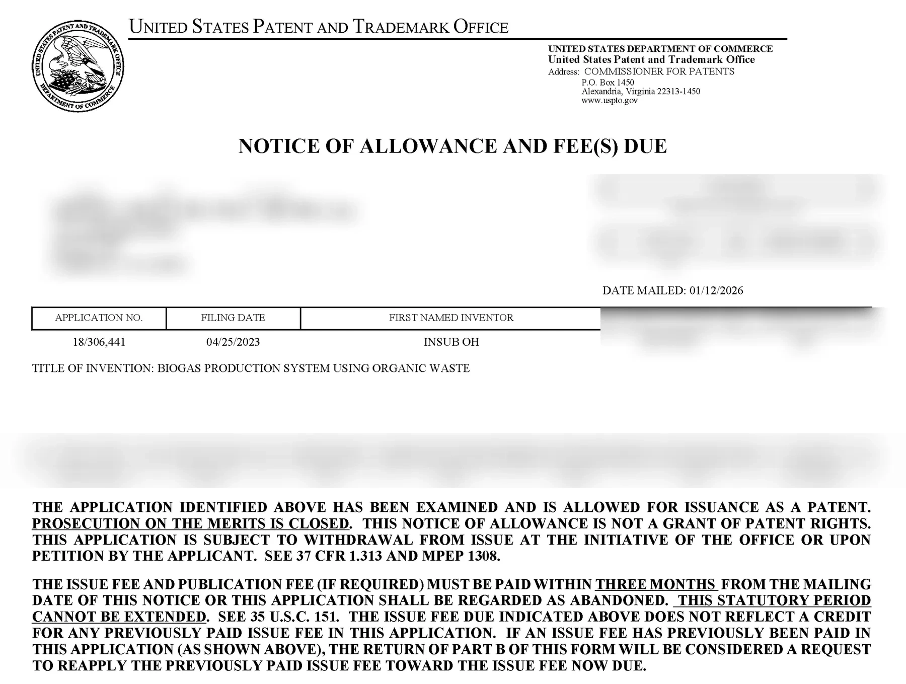 U.S. Notice of Allowance notice document